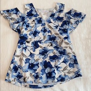 Calvin Klein cold shoulder blue floral top size XS
